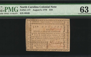 NC-177. North Carolina. August 8, 1778. $10. PMG Choice Uncirculated 63.