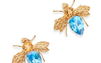 NO RESERVE - A PAIR OF BLUE TOPAZ AND CITRINE BEE BROOCHES each in identical design, set with a