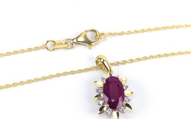 Necklace with pendant - 14 kt. Yellow gold - 1.15 tw. Ruby - Diamond