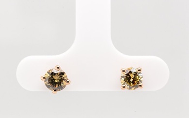No Reserve Price - 1.06 tcw - Nat. Fancy Deep Brownish Greenish Yellow - 14 kt. Pink gold - Earrings Diamond