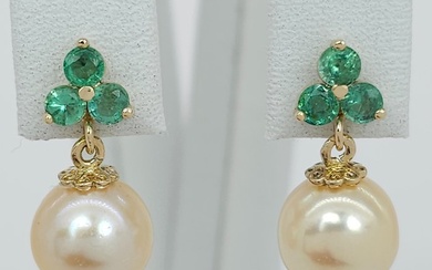 No Reserve Price - Earrings Yellow gold Emerald - Pearl