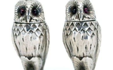 Novelty Sterling Silver Owl Salt & Pepper Shakers - .925 silver - U.K. - 1992