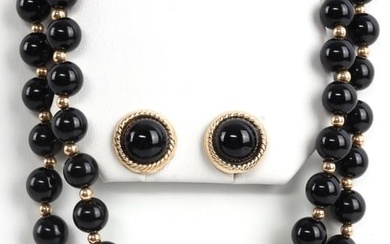 ONYX AND 14KT GOLD BEAD NECKLACE AND EARRINGS