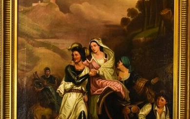 Oil Canvas 19th C Spanish Style Migration Scene