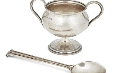 Omar Ramsden (1873-1939), Twin handled pedestal sugar bowl, and a spoon with reeded shaft and scroll terminal, 1926 and 1937, Silver, Hallmarked for London, underside bowl marked 'OMAR RAMSDEN ME FACIT', Bowl 8.5cm high, spoon 17.5cm long (2)