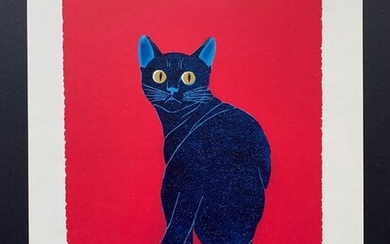 Original woodblock print - modern art , Cat - Washi paper - Cats, animal - Nishida Tadashige (b 1942) - "Furikaeru (5) burū" ふりかえる (5) ブルー (Looking Back [5] Blue) - Signed and numbered 97/150 - Japan - 2018 (Heisei period)