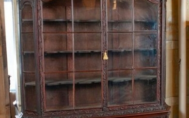 Ornate Highly Carved Wooden Bookcase W/Glass Doors