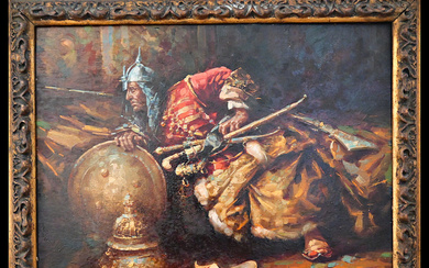 Ottoman warrior with yatagan, oil on cardboard, artist's signature illegible,...