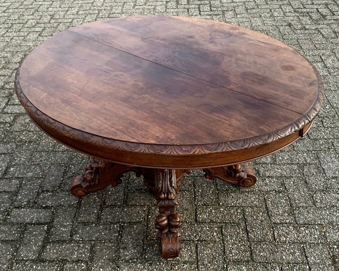 Oval coulisse table with glass plate for 10 to 12 people - Wood - Mid 19th century