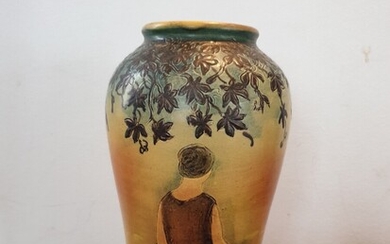 SOLD. P. Ipsen: Earthenware vase with incised ornamentation in the shape of a woman and...