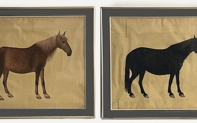 PAIR OF CHINESE COLORED INK HORSE PAINTINGS ON SILK