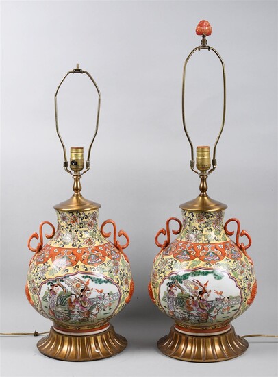 PAIR OF CHINESE PORCELAIN HU-FORM JARS WITH FAMILLE ROSE DECORATION, NOW MOUNTED AS TABLE LAMPS