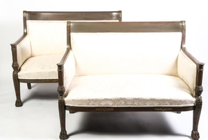 PAIR OF CLASSICAL REVIVAL UPHOLSTERED LOVE SEATS