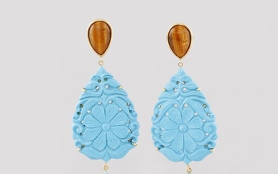 PAIR OF EYE OF TIGER, TURQUOISE PASTE AND GOLD EARRINGS
