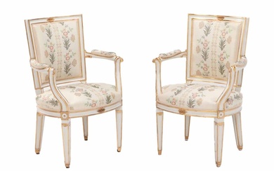 PAIR OF QUALITY PAINTED AND GILT FRENCH OPEN ARM CHAIRS...