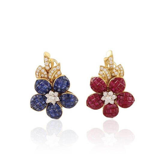 PAIR OF SAPPHIRE, RUBY, DIAMOND AND GOLD EARRINGS