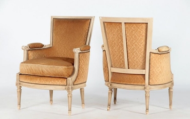 PAIR PAINTED UPHOLSTERED FRENCH BERGERE CHAIRS