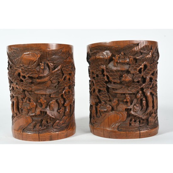 PAIRE DE GRANDS BITONG en bambou. Beaux pots à pinceaux chinois. De grandes dimensions, accessoires...