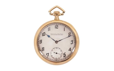 PATEK PHILIPPE. AN ATTRACTIVE AND WELL PRESERVED 18K POCKET WATCH WITH ORIGINAL BOX AND PAPERS.