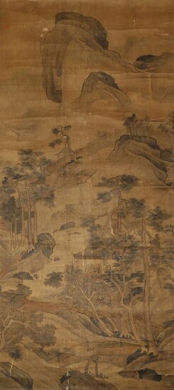 PAYSAGE ANONYME (18e SIÈCLE) Peinture chinoise en rouleau, encre et couleur sur soie, le feuillet...