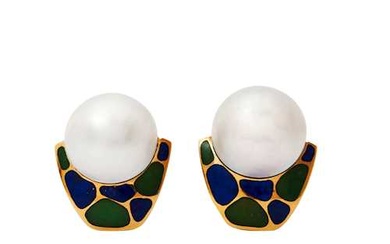 PEARL, NEPHRITE AND LAPIS LAZULI EARCLIPS, BY BINDER, ca. 1980.