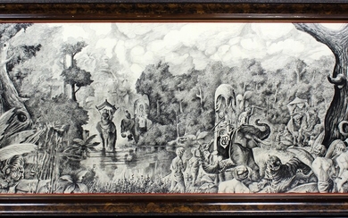 Paesaggio indiano con elefanti e figure,china su carta 60x128cm, entro cornice.
