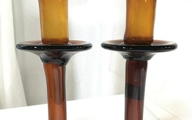 Pair Amber Toned Art Glass Candlesticks