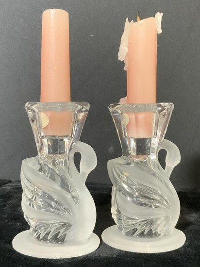 Pair Art Glass Frosted Swan Candlesticks
