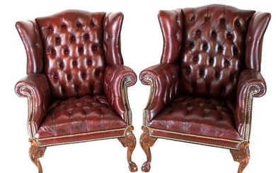 Pair Chippendale - Chesterfield Style Wing Chairs