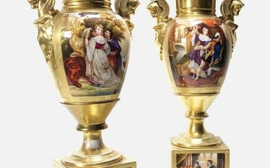 Pair Handpainted & Gilt Vases, 19th Century
