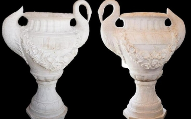 Pair Monumental Italian Marble Swan Planters