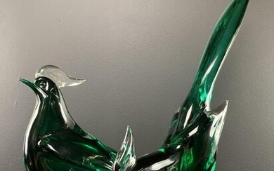 Pair Murano Art Glass Green Cased Glass Birds