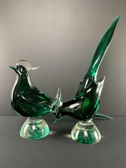 Pair Murano Art Glass Green Cased Glass Birds