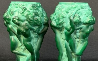 Pair Of Green Malachite Glass Nymph Vases