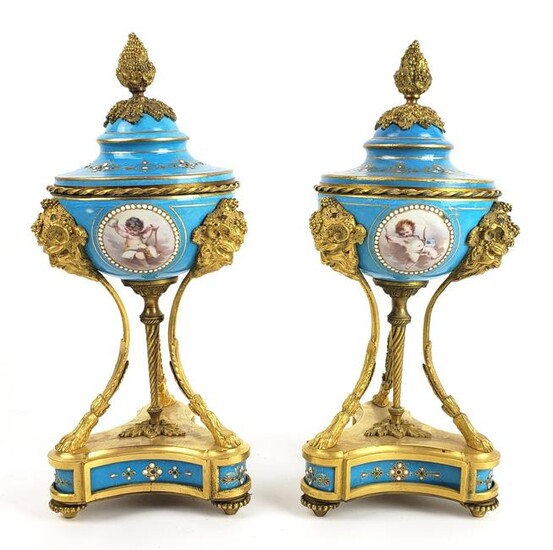 Pair of 19th C. Sevres Jewelled Porcelain & Bronze