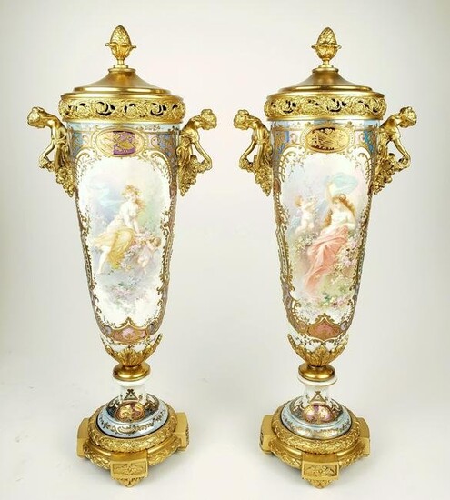 Pair of 19th C. Sevres Porcelain & Gilt Bronze Figural