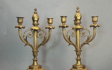 Pair of Antique French Gilt Bronze Candelabras with Family Monogram, 19th Century