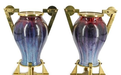 Pair of Art Moderne Gilt Bronze Flambe Earthenware