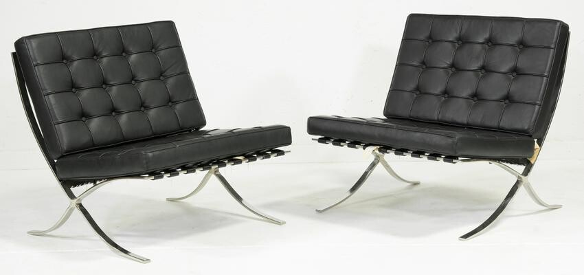 Pair of Barcelona Style Chairs in Black Leather
