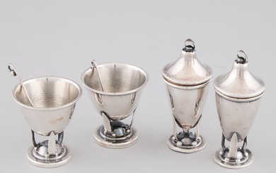 Pair of Canadian Silver Salt Cellars with Spoons and a Pair of Pepper Casters, Carl Poul Petersen, Montreal, Que., mid-20th century