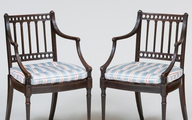 Pair of George III Carved Mahogany and Caned Armchairs