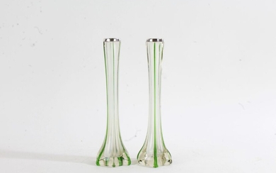Pair of George VI glass and silver mounted vases, Birmingham 1938, the silver rims above a