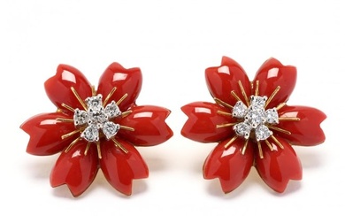 Pair of Gold, Coral, and Diamond Earrings