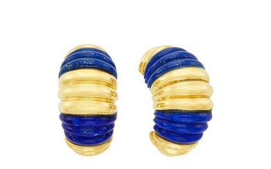 Pair of Gold and Carved Lapis Half-Hoop Earclips