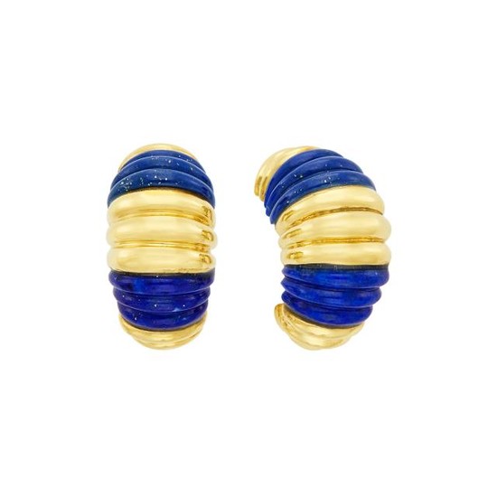 Pair of Gold and Carved Lapis Half-Hoop Earclips