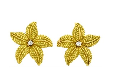 Pair of Gold and Diamond Starfish Earclips