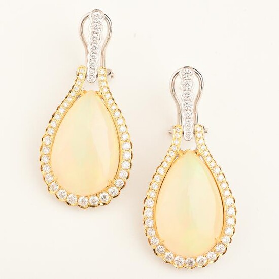 Pair of Opal, Diamond, 14k Gold Earrings.