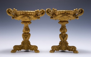 Pair of Ornate Gilded Bronze Pawfoot Compotes.