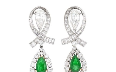 Pair of Platinum, Gold, Diamond and Emerald Pendant-Earrings