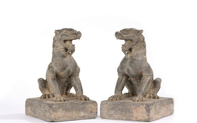 Pair of Rare Stone Carved Chinese Seated Guardian Lions